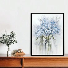 1入組12x16英寸畫框油畫,藍花在白色透明花瓶中,藍色花束抽象海報,適用於裝飾女孩房間、臥室、浴室、客廳