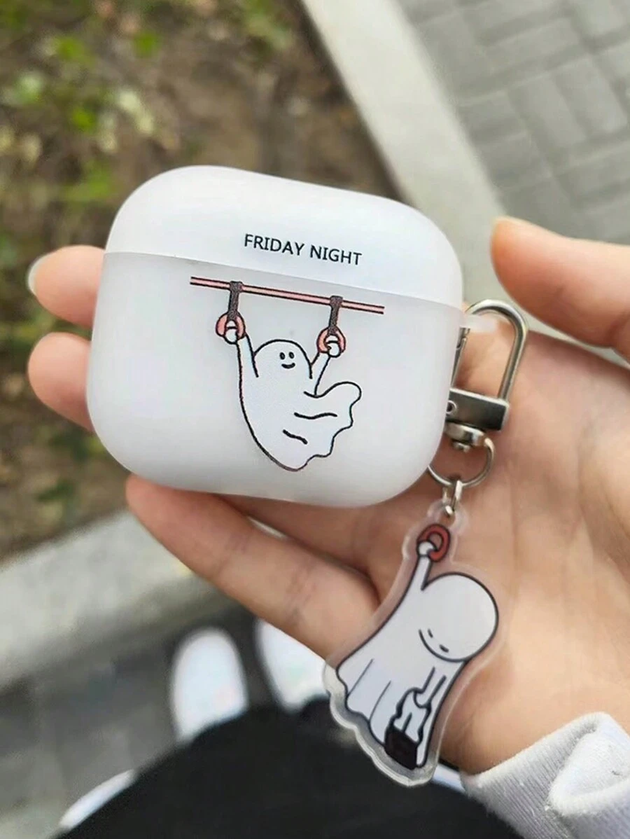 线条艺术猫与鱼装饰耳机盒适用于 Apple 1/2、新款 3rd Gen、Pro - 透明白色和黑色耳机套(女款) - 白色 - 查看 1