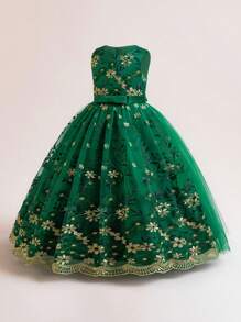 少女刺绣网纱长款优雅连衣裙，适合学校舞会、毕业舞会、晚宴等场合，不含头饰 - 墨綠色 - 查看 3