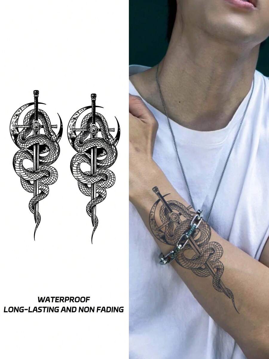 1pc Snake King Sword Temporary Tattoo Sticker, Waterproof Non-reflective Arm Tattoo For Men - Black - View 1