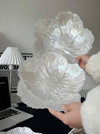 1 pieza Plato de vidrio con cuentas con estilo INS muy atractivo, plato de fruta con forma de flor blanca de perla falsa, regalo de Navidad