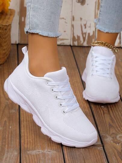 Ladies' Minimalist Style Solid Color Abstract Striped Decorated Front Tie Fabric Sneakers