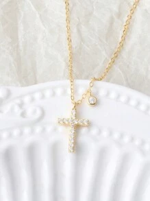 ELSEDES 1 pièce Collier croix en argent sterling S925 de style minimaliste à la mode avec incrustation de pierres de style vintage, convient pour le port quotidien des femmes