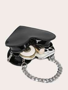 Sparkling Diamond Decor Chain Strap Heart Shaped Handbag - Black - View 5