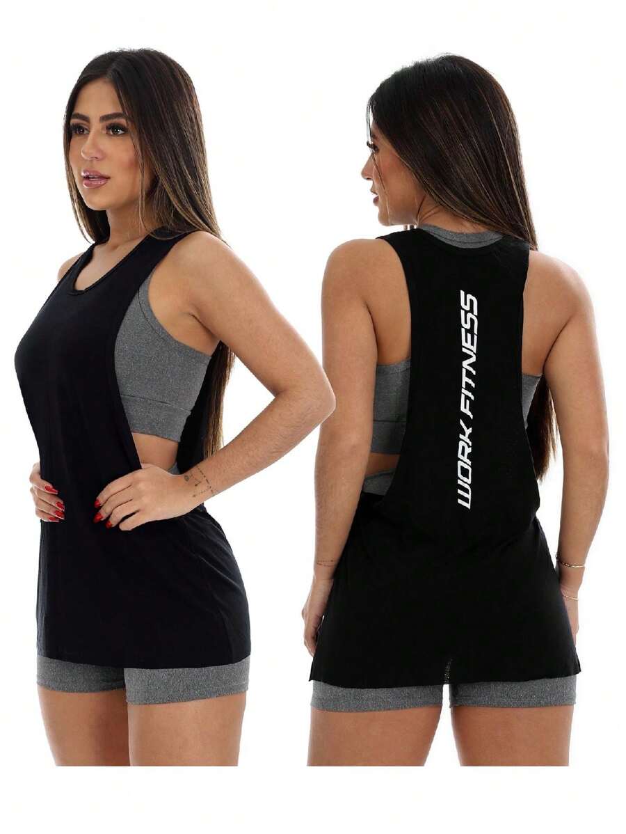 Work Fitness 2件套無袖背心長款印花上衣,女性健身衣 - 黑色 - 查看 1