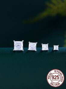 1 Par De Aretes De Pasador Cuadrados De Plata Esterlina 925 Puros Con Diamantes De Imitación Brillante Y De Corte Princesa 5a, Joyería De Compromiso Diaria Para Mujeres Y Niñas, Accesorios De Regalos De Joyería