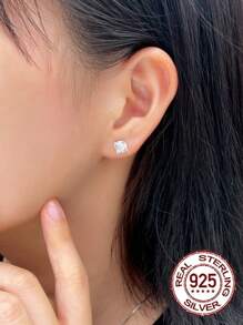 1 Par De Aretes De Pasador Cuadrados De Plata Esterlina 925 Puros Con Diamantes De Imitación Brillante Y De Corte Princesa 5a, Joyería De Compromiso Diaria Para Mujeres Y Niñas, Accesorios De Regalos De Joyería