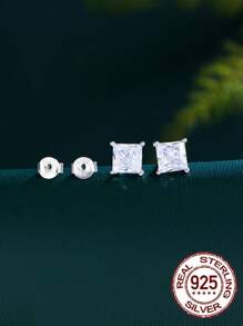 1 Par De Aretes De Pasador Cuadrados De Plata Esterlina 925 Puros Con Diamantes De Imitación Brillante Y De Corte Princesa 5a, Joyería De Compromiso Diaria Para Mujeres Y Niñas, Accesorios De Regalos De Joyería