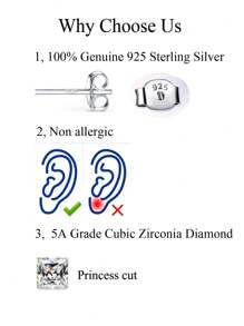 1 Par De Aretes De Pasador Cuadrados De Plata Esterlina 925 Puros Con Diamantes De Imitación Brillante Y De Corte Princesa 5a, Joyería De Compromiso Diaria Para Mujeres Y Niñas, Accesorios De Regalos De Joyería