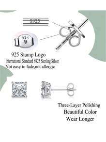 1 Par De Aretes De Pasador Cuadrados De Plata Esterlina 925 Puros Con Diamantes De Imitación Brillante Y De Corte Princesa 5a, Joyería De Compromiso Diaria Para Mujeres Y Niñas, Accesorios De Regalos De Joyería