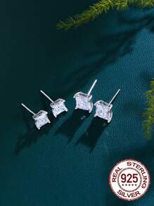 1 Par De Aretes De Pasador Cuadrados De Plata Esterlina 925 Puros Con Diamantes De Imitación Brillante Y De Corte Princesa 5a, Joyería De Compromiso Diaria Para Mujeres Y Niñas, Accesorios De Regalos De Joyería