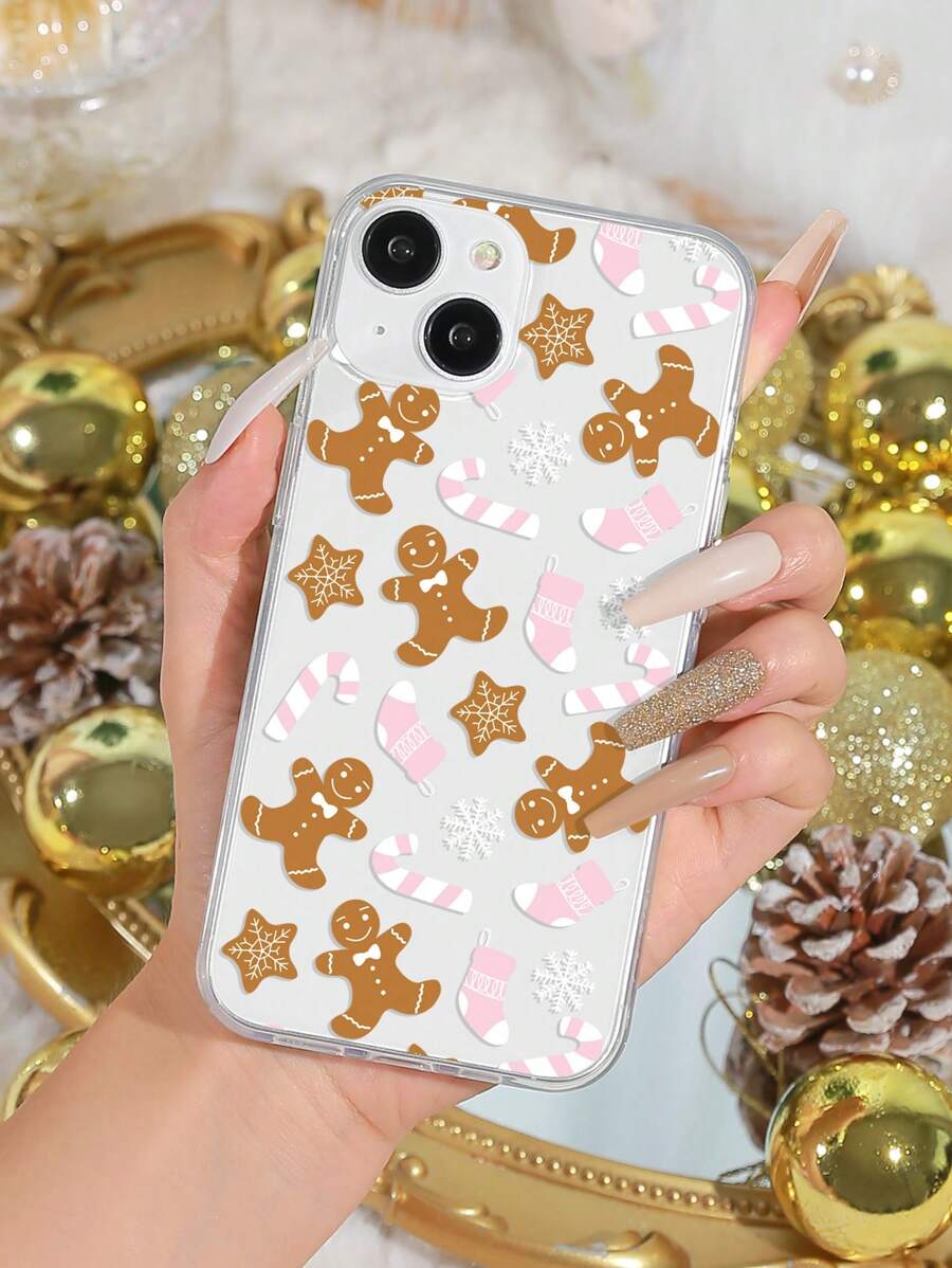 1pc Hand-Painted Christmas Gingerbread Man Printed Phone Case Compatible With IPhone - Multicolor - View 1