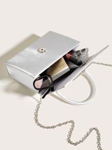 Túi cầm tay nữ có thiết kế nơ đính đá Rhinestone, thích hợp cho tiệc tối, đám cưới, tiệc sang trọng và các dịp trang trọng khác - Màu đen, có dây xích Valentine - Bạc - Xem 7