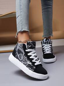 女性新式時尚酷炫休閒鞋,圓頭和綁帶高帮設計 - 黑與白 - 查看 1