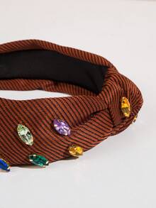 1件女士韓版咖啡條紋布料寶石裝飾頭箍,適用於舞會派對 - 咖啡 - 查看 5