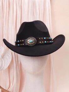 1件套女性黑色毛毡pu皮革鑲嵌古典鉚釘藍寶石波西米亞時尚歐美西部牛仔帽英式帽適用於假日派對,旅遊和日常使用