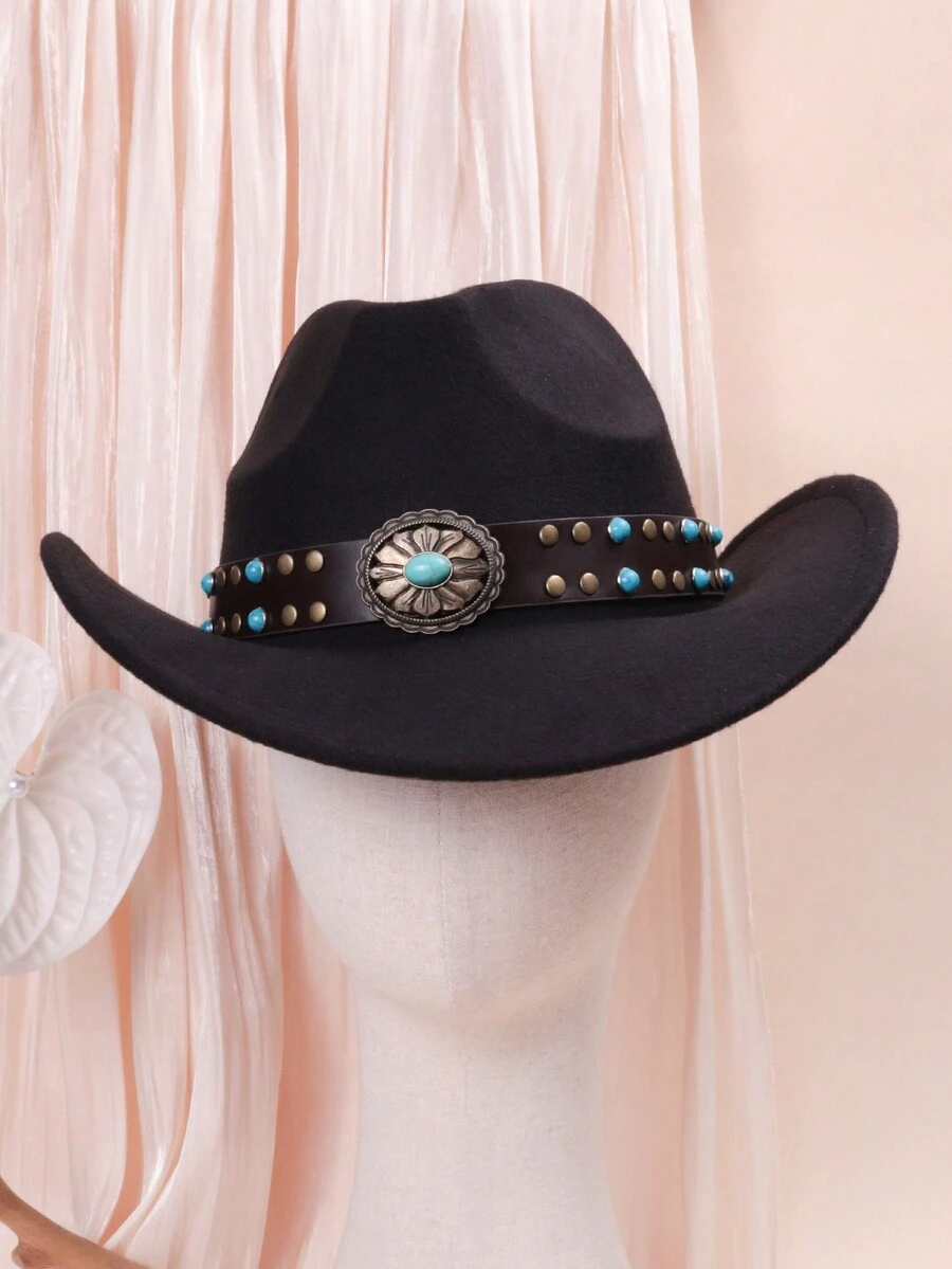 1件套女性黑色毛毡pu皮革鑲嵌古典鉚釘藍寶石波西米亞時尚歐美西部牛仔帽英式帽適用於假日派對,旅遊和日常使用