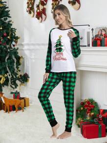 2pcs Women's Christmas Pajama Set, Christmas Tree Plaid Long Sleeve Top And Long Pants, Comfortable Holiday Loungewear, Autumn/Winter - White - View 5