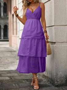Vestido feminino longo importado lese em viscose de alça regulável no decote V e saia em camadas com detalhe de gripir na cintura - Roxo - Visão 3
