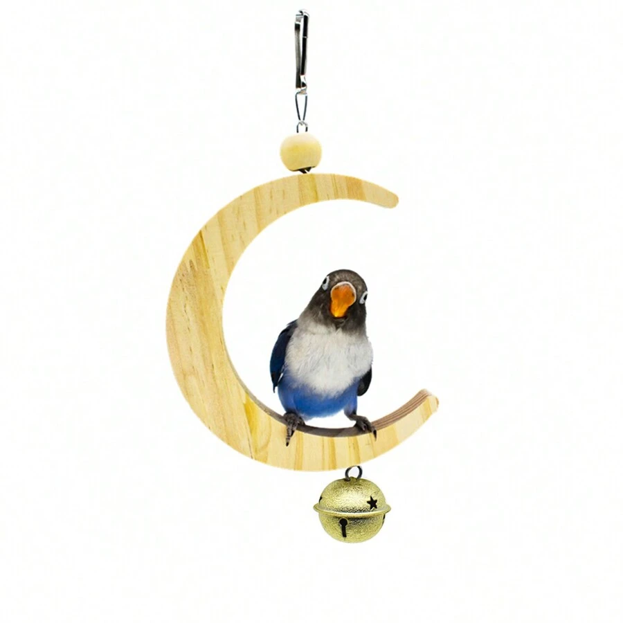 鸚鵡木製搖擺,月牙形掛環,鳥枝咬嘴鳥玩具,天然木材帶鈴鐺