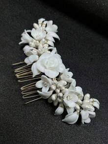1入手工白色陶瓷花卉髮夾,帶葉裝飾,適用於新娘婚禮派對 - 金色 - 查看 5