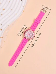 歐美風格豪華皇冠形狀粉色鑽飾卡通公主女孩手錶,矽膠錶帶石英手錶 - 玫紅色 - 查看 2