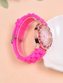 歐美風格豪華皇冠形狀粉色鑽飾卡通公主女孩手錶,矽膠錶帶石英手錶 - 玫紅色 - 查看 5