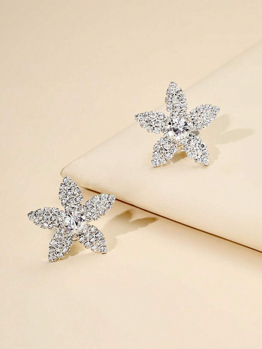 1 对时尚新款圆形水晶夹式耳环，适合女士日常休闲佩戴 - 銀色 - 查看 1