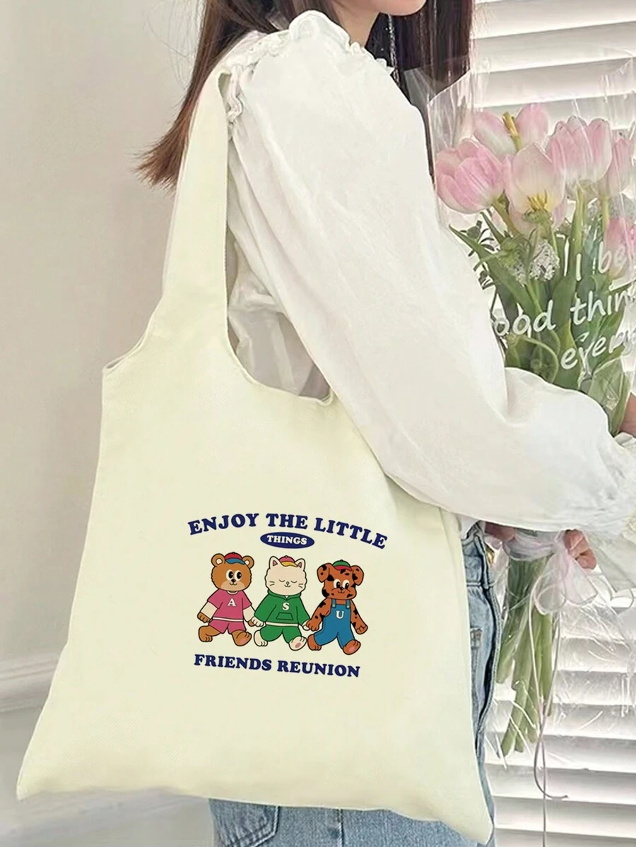 Cartoon Animal Printed Sleeveless Tote Bag - Beige - View 1