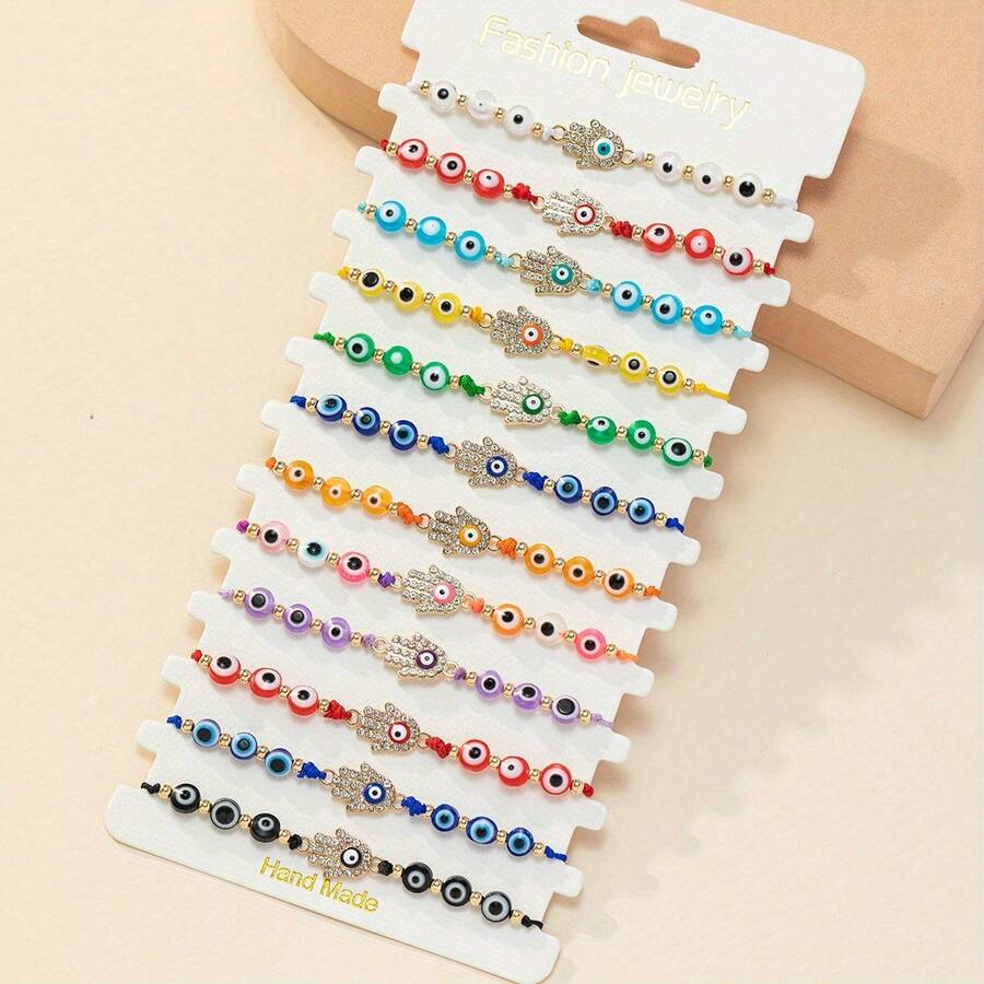 12入組魔鬼之眼手掌鑲嵌墨西哥手編珠寶手鍊,女性幸運珠寶禮物