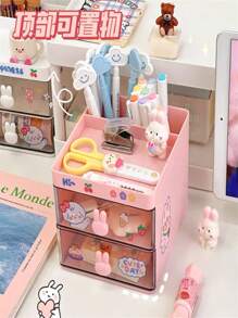 Desk Organizer Pen Drawer/Makeup Storage Multipurpose Office - Pink - View 3