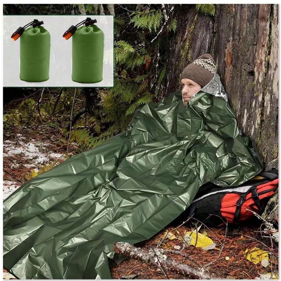 1 件綠色戶外緊急睡袋,防水,信封式,保暖防寒,適合露營和健行