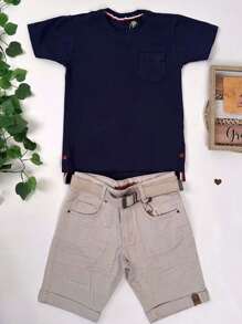 Young Boys Sets - Áo phông màu xanh hải quân và quần short màu be - Xem 2