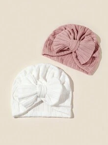 2入組嬰幼兒蝴蝶結裝飾帽子,春秋保暖彈力提花針織無邊帽 - 彩色 - 查看 2