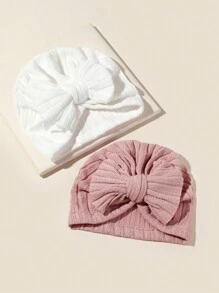 2入組嬰幼兒蝴蝶結裝飾帽子,春秋保暖彈力提花針織無邊帽 - 彩色 - 查看 3