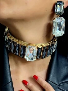 1pc Fashionable Rhinestone Square Pendant Necklace And Earrings Set, Perfect For Women's Party Dress - Multicolor - View 8