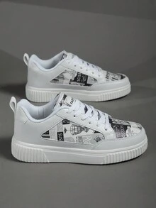 男式時尚塗鴉隨機印花系帶厚底設計休閒運動鞋,適合校園學生休閒時尚步行鞋