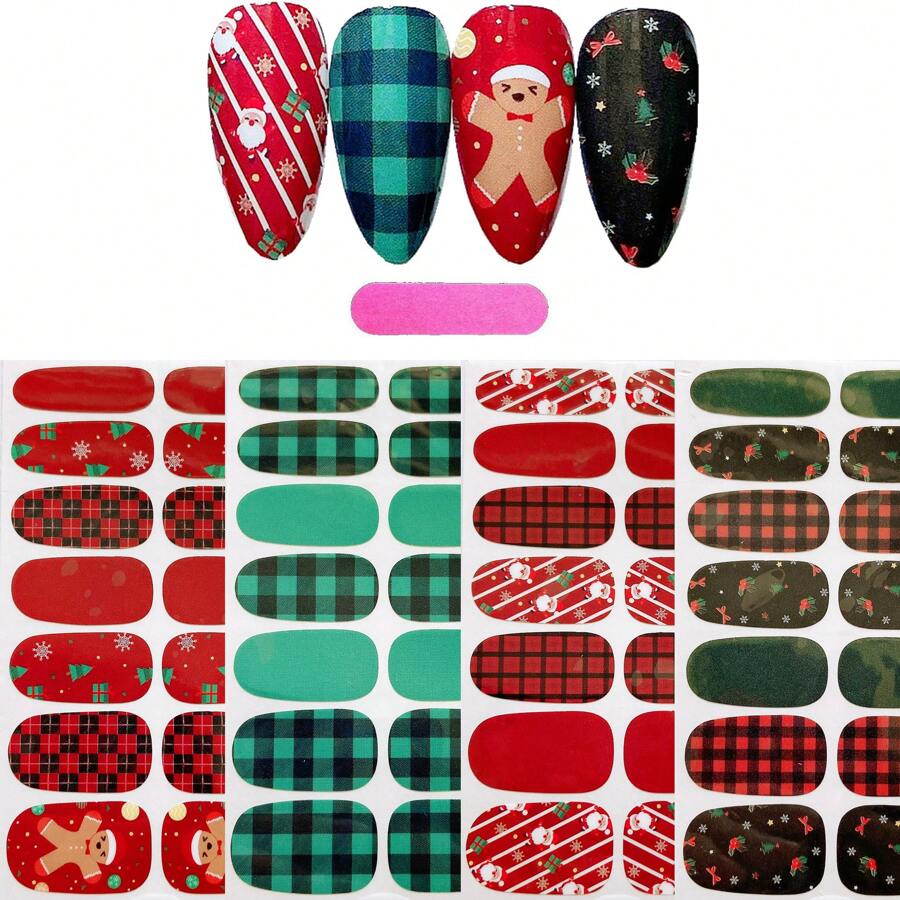 4 Piezas Set De Pegatinas Navideñas Para Uñas Con Diseño De Copos De Nieve, Papá Noel Y Muñeco De Nieve, Con Lima De Uñas - Multicolor - Ver 1