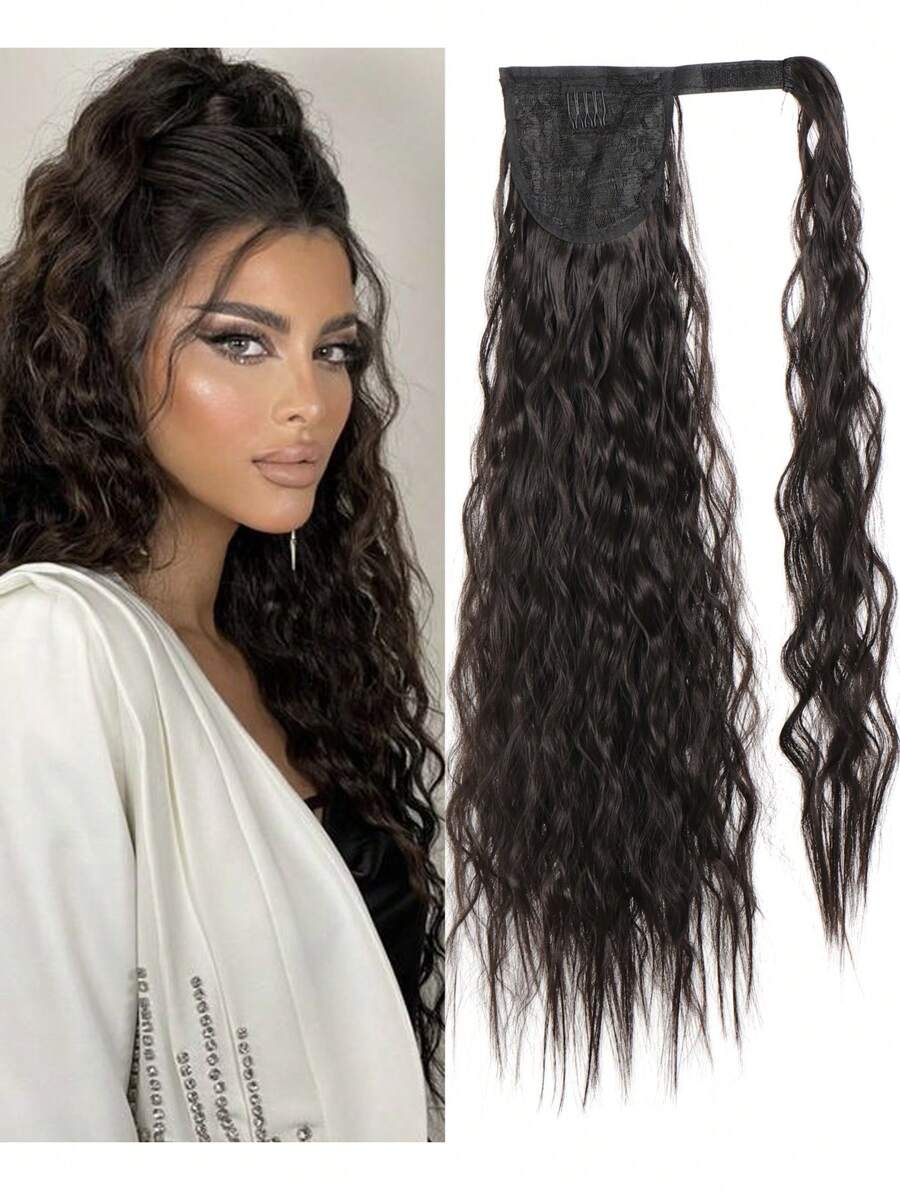 长波浪卷发马尾接发合成长水波马尾环绕接发片天然假发纤维假发 - Black-brown - 查看 1