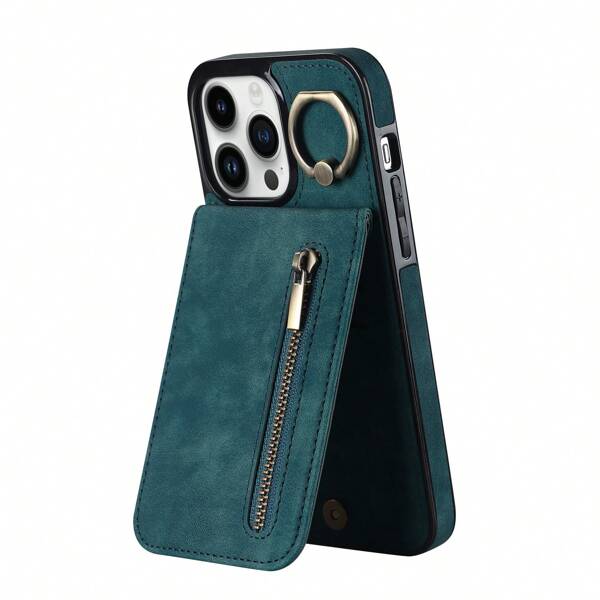 Vintage Ring Smartphone Wallet Solid Color Faux Leather Phone Case With Stand, Zipper, Ring Holder, Card Slot And Shock Resistance, Compatible With Iphone Models And Multiple Android Brands