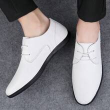男士白色皮鞋,真皮製,柔軟鞋底,秋季新風格,透氣男款休閒韓國風系帶青少年帥氣鞋