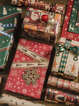 6枚入りセット クリスマス ビンテージ包装紙、レトロ雪の結晶 クリスマスイブギフトボックス用大サイズラッピングペーパー、クリスマス