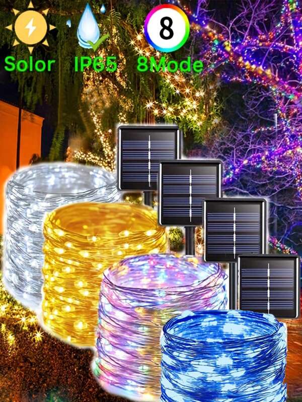 1pc 10/50/100/200/300 LED 1/5/10/20/30M 8-Function Copper Wire Waterproof Solar Powered Fairy String Lights, Outdoor Patio Garden Decor Lights For Holidays, Party, Wedding