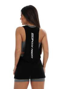 Work Fitness 2件套無袖背心長款印花上衣,女性健身衣 - 黑色 - 查看 4