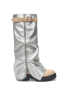 Women's Mid Calf Platform Boots With Fold Over Ruched Design, Chunky Heel, Round Toe, Wide Calf Pull On Style, Y2K Inspired Booties For Daily Wear And Parties - Perak - View 2