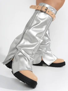 Women's Mid Calf Platform Boots With Fold Over Ruched Design, Chunky Heel, Round Toe, Wide Calf Pull On Style, Y2K Inspired Booties For Daily Wear And Parties - Perak - View 5