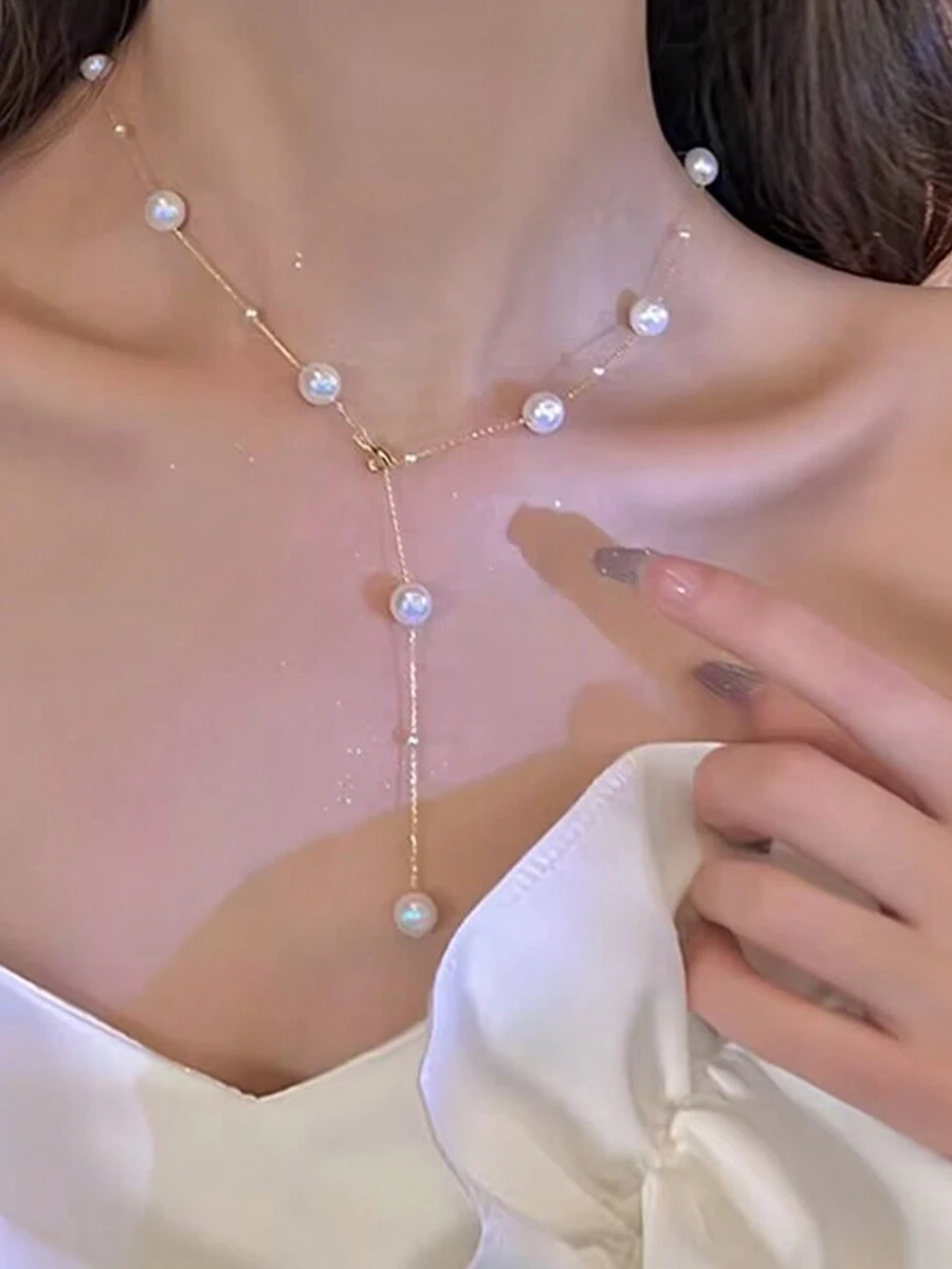 1pc Pearl French Style Sexy Y-shaped Tassel Necklace - Gold - View 1