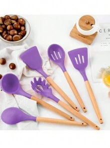 FANOVA Set Of 12 Silicone Kitchen Utensils Spatulas With Wooden Handle - 紫色 - 查看 2