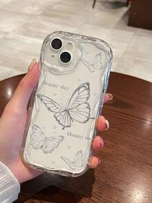 1pc Grey And White Butterfly And Lines Design Phone Case - Clear - View 1
