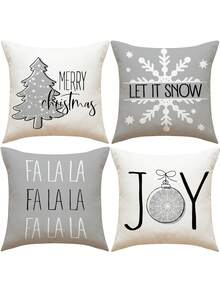 4入組聖誕灰色字母和雪花印花亞麻枕套,適用於家居裝飾,客廳臥室 - 灰色 - 查看 4